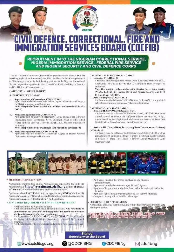 CDCFIB Recruitment 2025 Begins – NSCDC, Immigration, Fire & Correctional Jobs