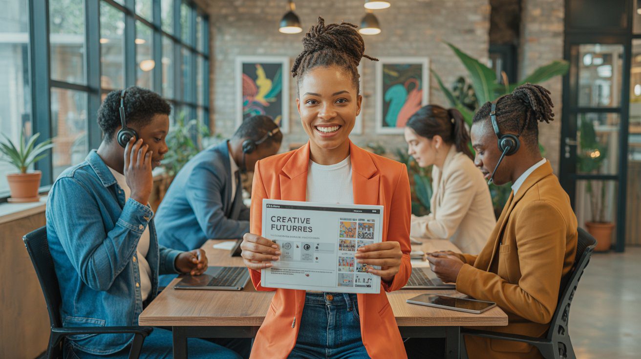 A diverse group of young Nigerian professionals (men and women, aged 20–35), confidently gathered in an urban setting — some using laptops, others holding tools (e.g., camera, notepad, or digital tablet). One wears a headset for remote work, another in a fashion designer's outfit, and another displaying a certificate or design portfolio. Background should subtly show a tech hub or creative workspace, with a modern, vibrant, and optimistic feel. Everyone appears engaged, positive, and successful — symbolizing people thriving without university degrees.